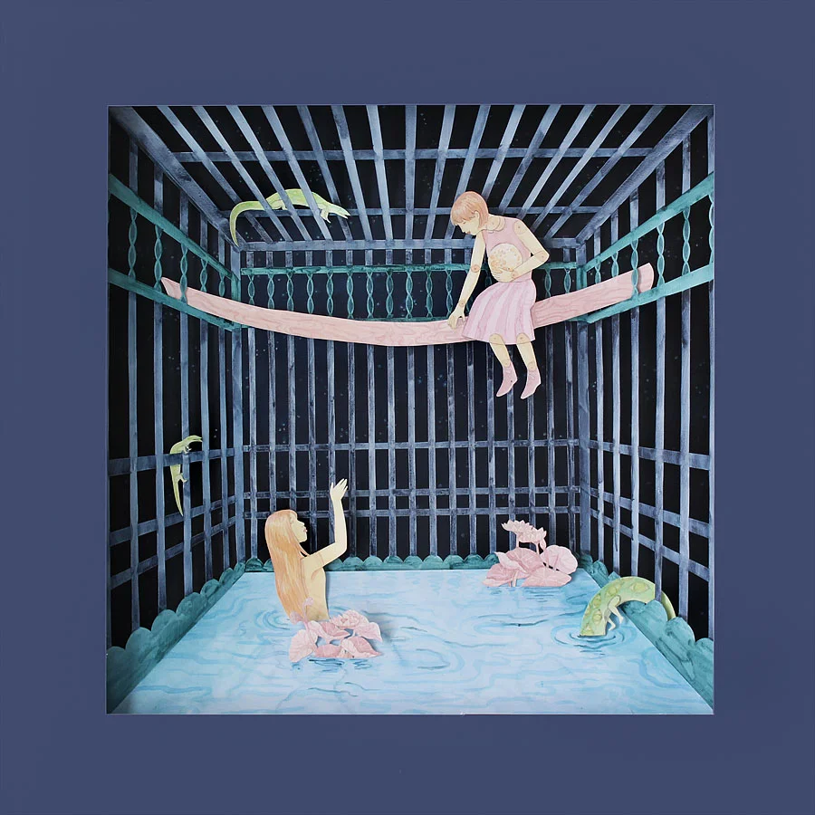 New Friends , watercolour & acrylic on paper cutout in wooden box, 60x60cm, 2019