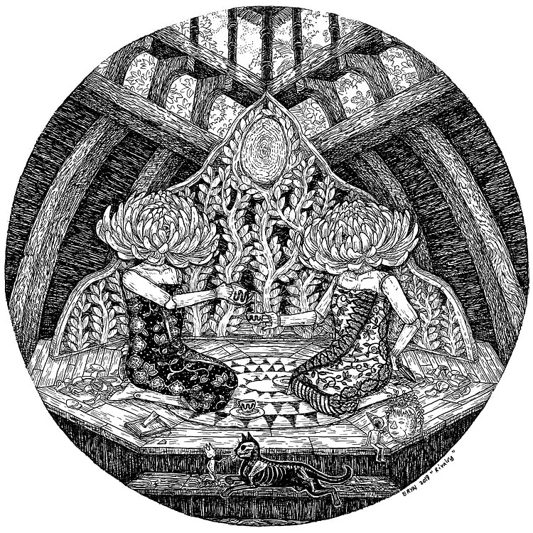 Rivalry , pen on watercolour paper, 25x25cm, 2018