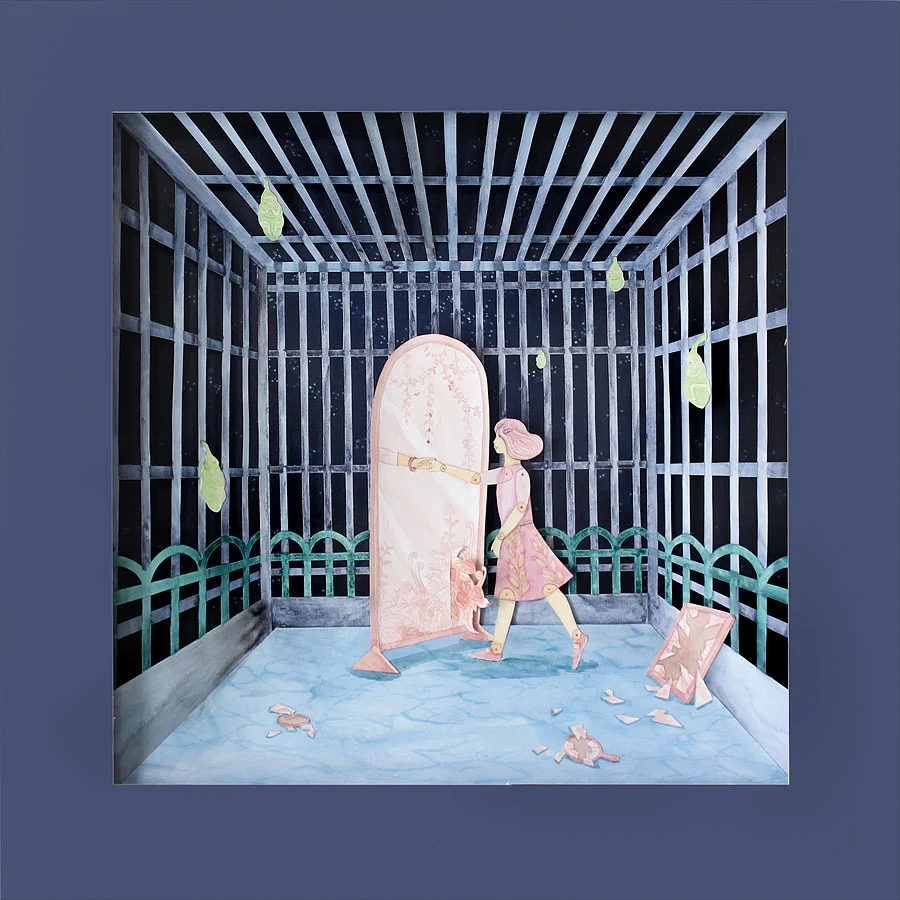 The Getaway , watercolour & acrylic on paper cutout in wooden box, 60x60cm, 2019