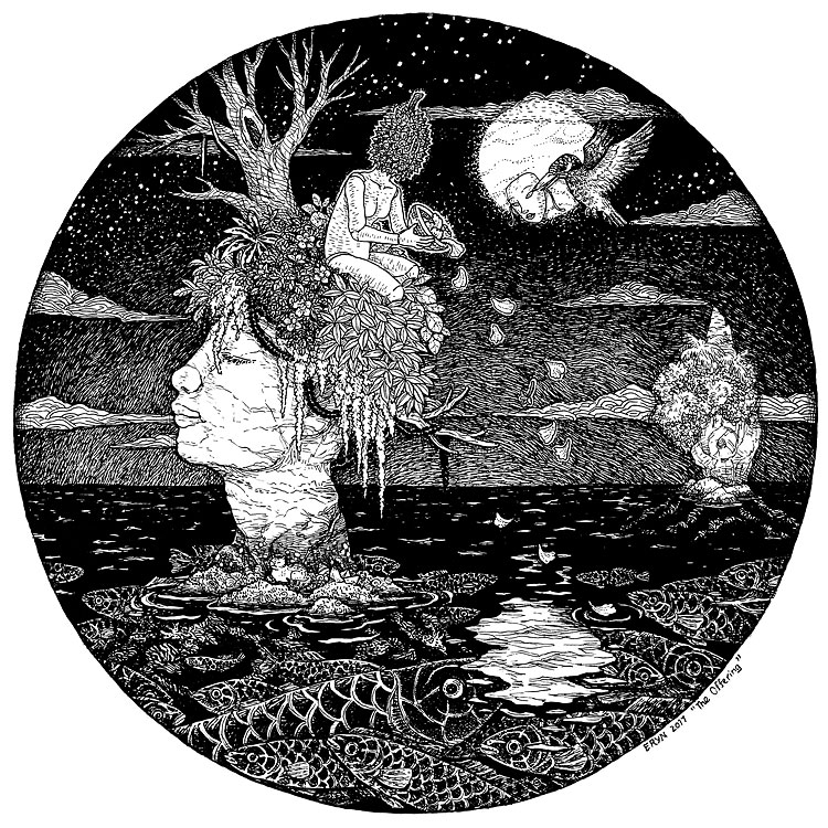 The Offering , pen on watercolour paper, 25x25cm, 2017