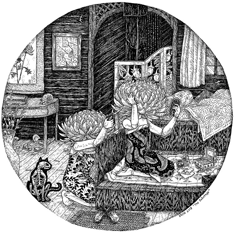 The Sabotage , pen on watercolour paper, 25x25cm, 2018