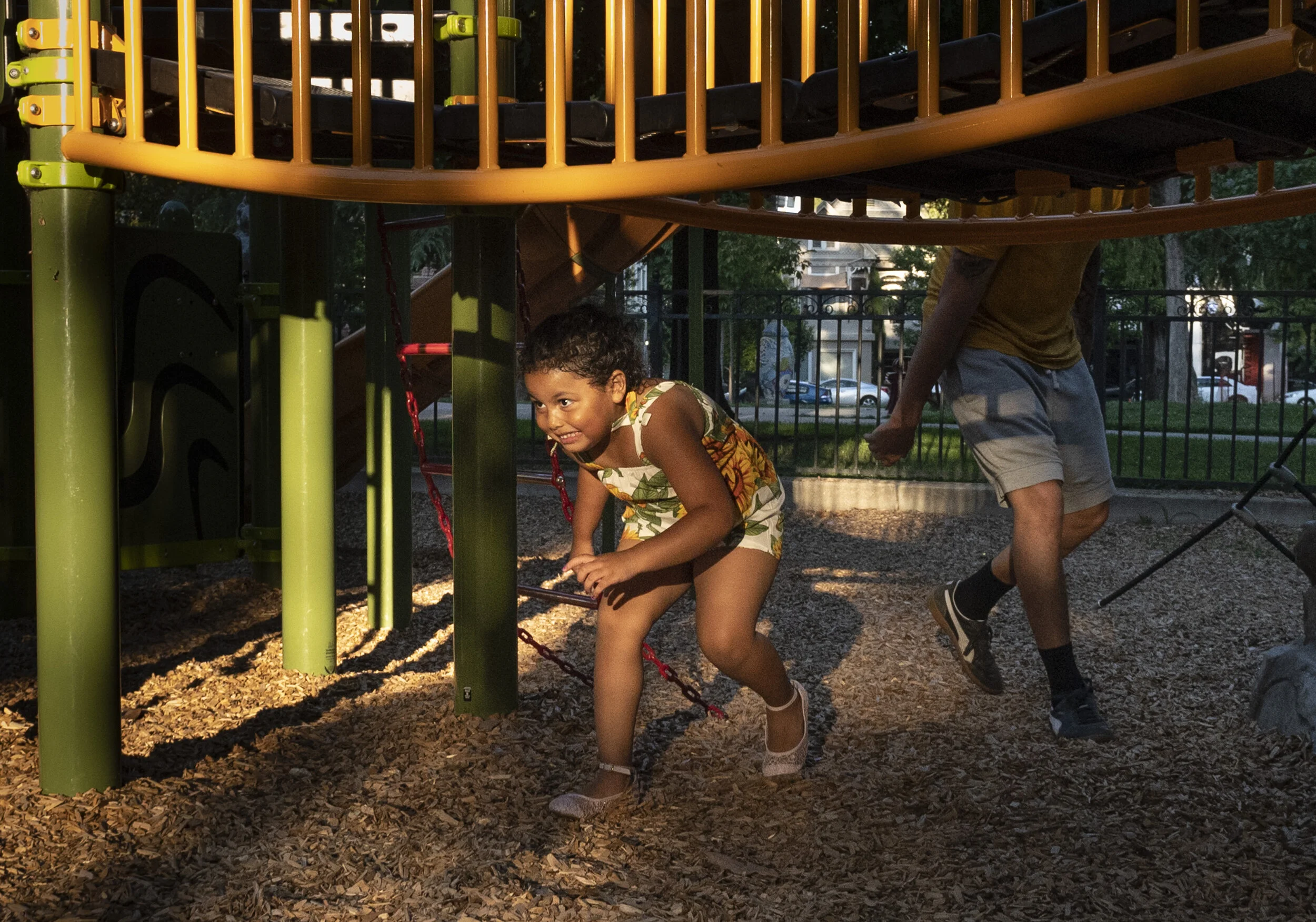 Ardilla Tigner, 4, plays a game of tag with her father, Adrian, at Fremont Park in Sacramento, Calif., on Tuesday, June 23, 2020, for the first time since the start of the pandemic. “My favorite park is back!” said Adrilla. The park had been close d
