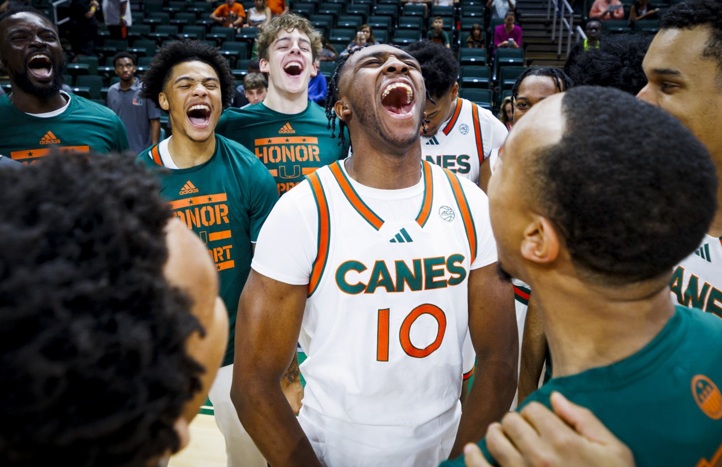 Miami Hurricanes guard Paul Djobet (10) yells in the center of a huddle before a game against the Binghamton Bearcats on Sunday, Nov. 10, 2024, at Watsco Center in Coral Gables, Fla. The Hurricanes won.