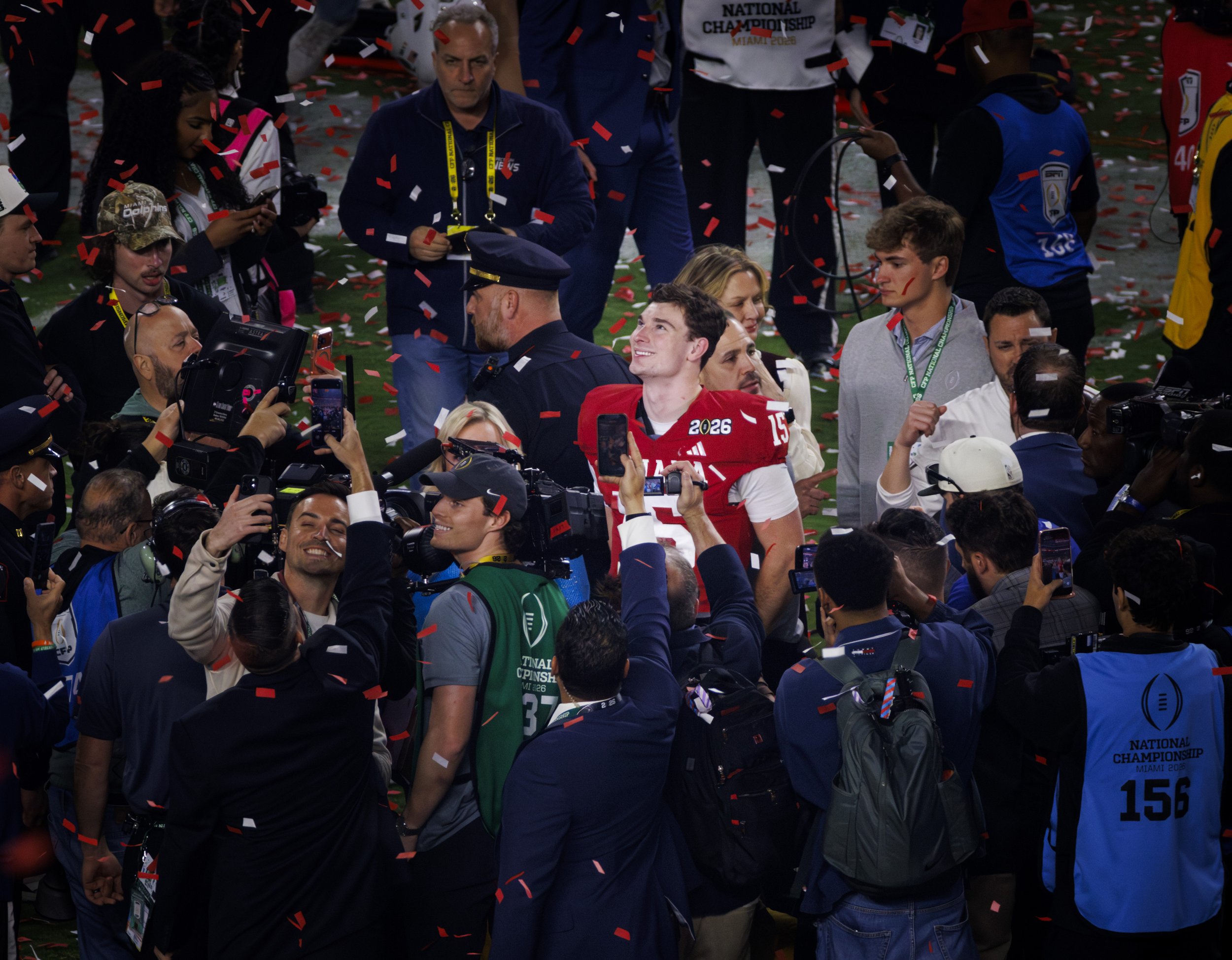 Indiana Hoosiers quarterback Fernando Mendoza (15) looks up to the stands after winning the College Football Playoff National Championship Game against the Miami Hurricanes at Hard Rock Stadium on Monday, Jan. 19, 2026 in Miami Gardens, Fla.