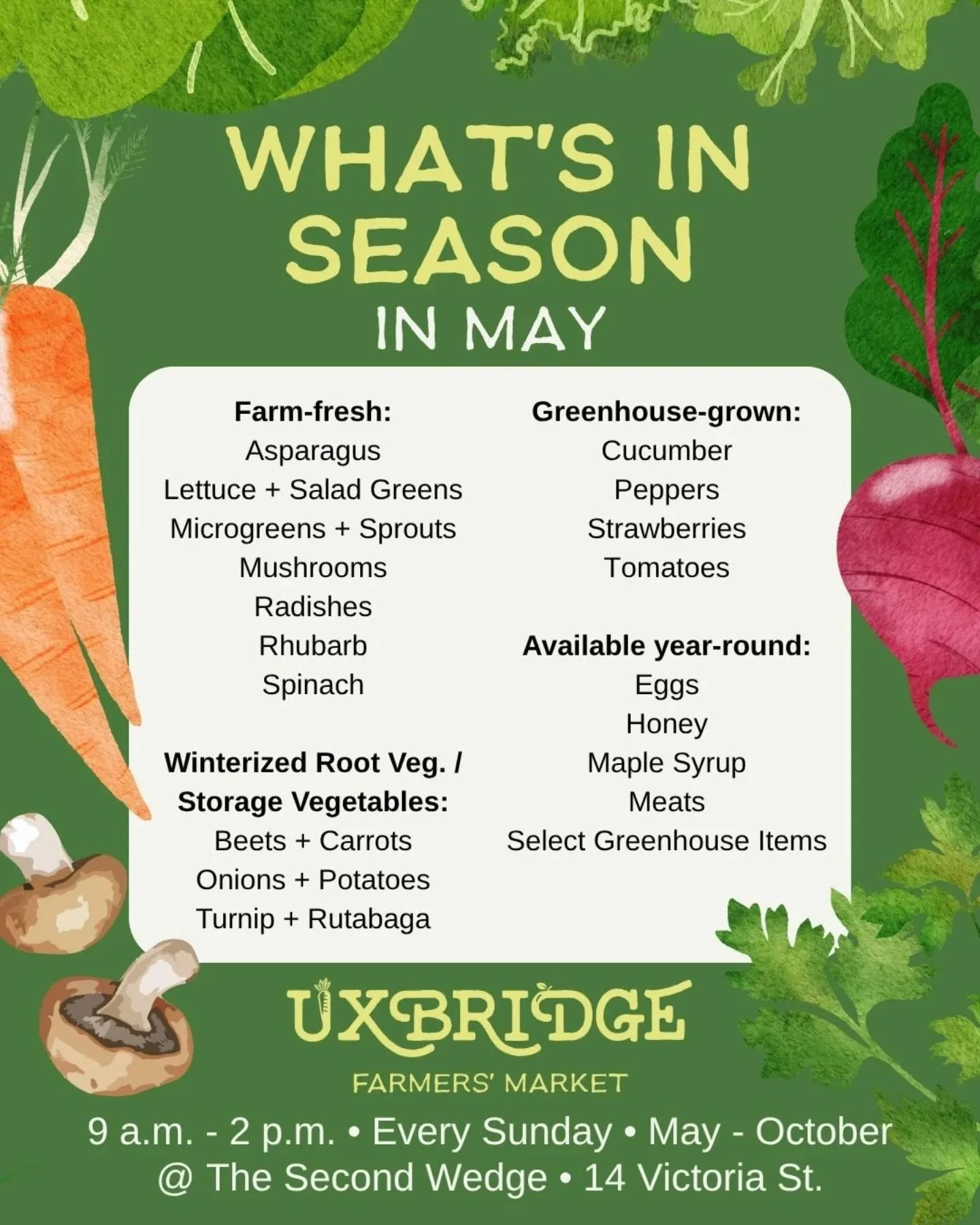 🍅WHAT'S IN SEASON🥬

Farmers' market season means an abundance of farm-fresh foods is at your fingertips - and we're here to help you make the most of it.

Here's a quick guide to what's in season during the month of May🫜&nbsp; Take a screenshot an