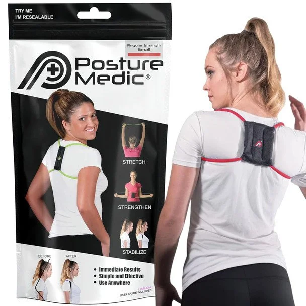 “PostureMedic dynamic posture trainer device in black—wearable posture support sized XS-XL with PrimeKinetix branding and lifetime warranty.”