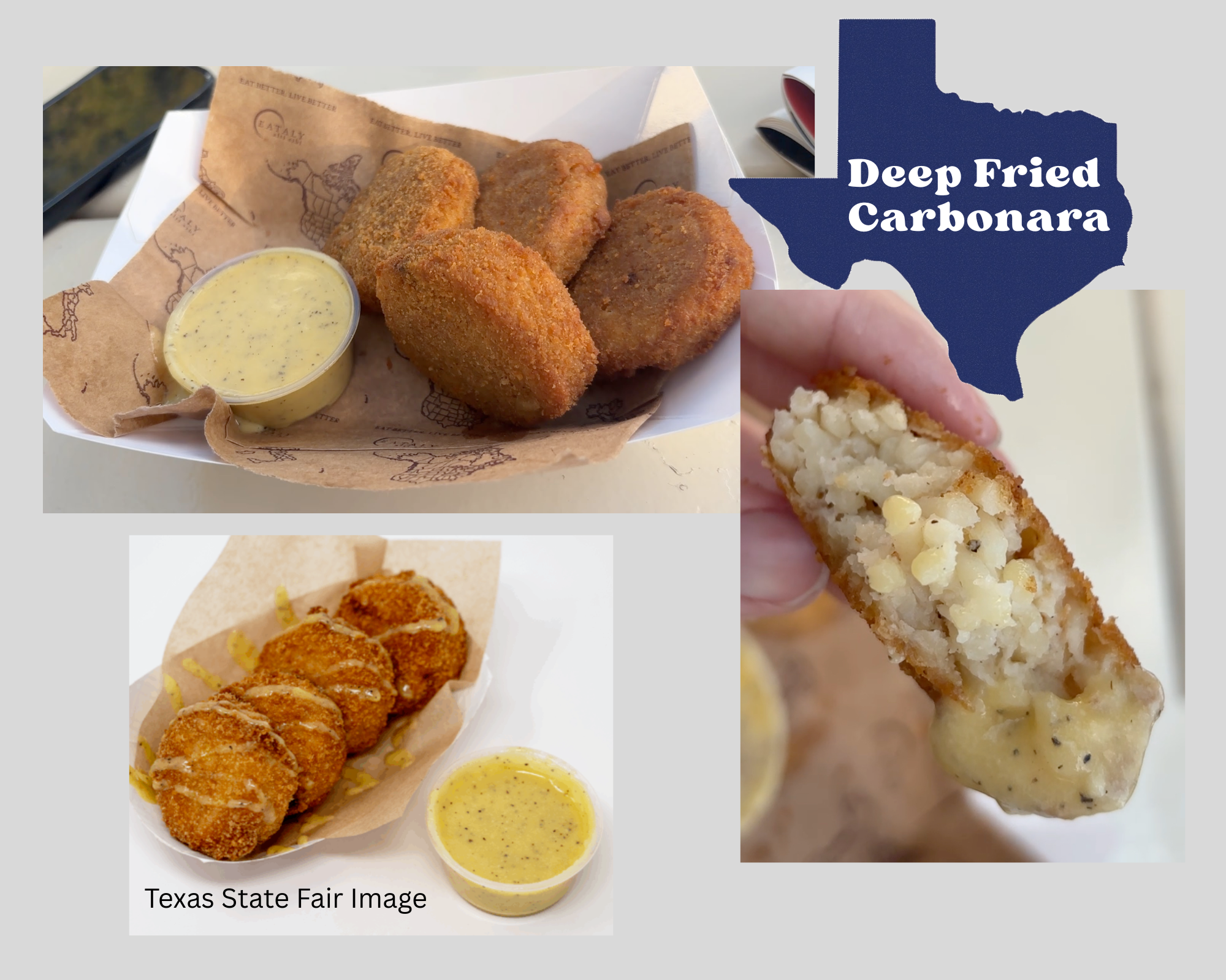 A photo collage showing little fried pucks of carbonara. Pictured in a basket with a yellow speckled dipping sauce. There are two photos from an iPhone and one promotional photo from Texas State Fair. Root chakra.