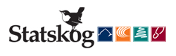Logo for Statskogg med en fugl og seks ikon som representerer ulike elementer eller områder.
