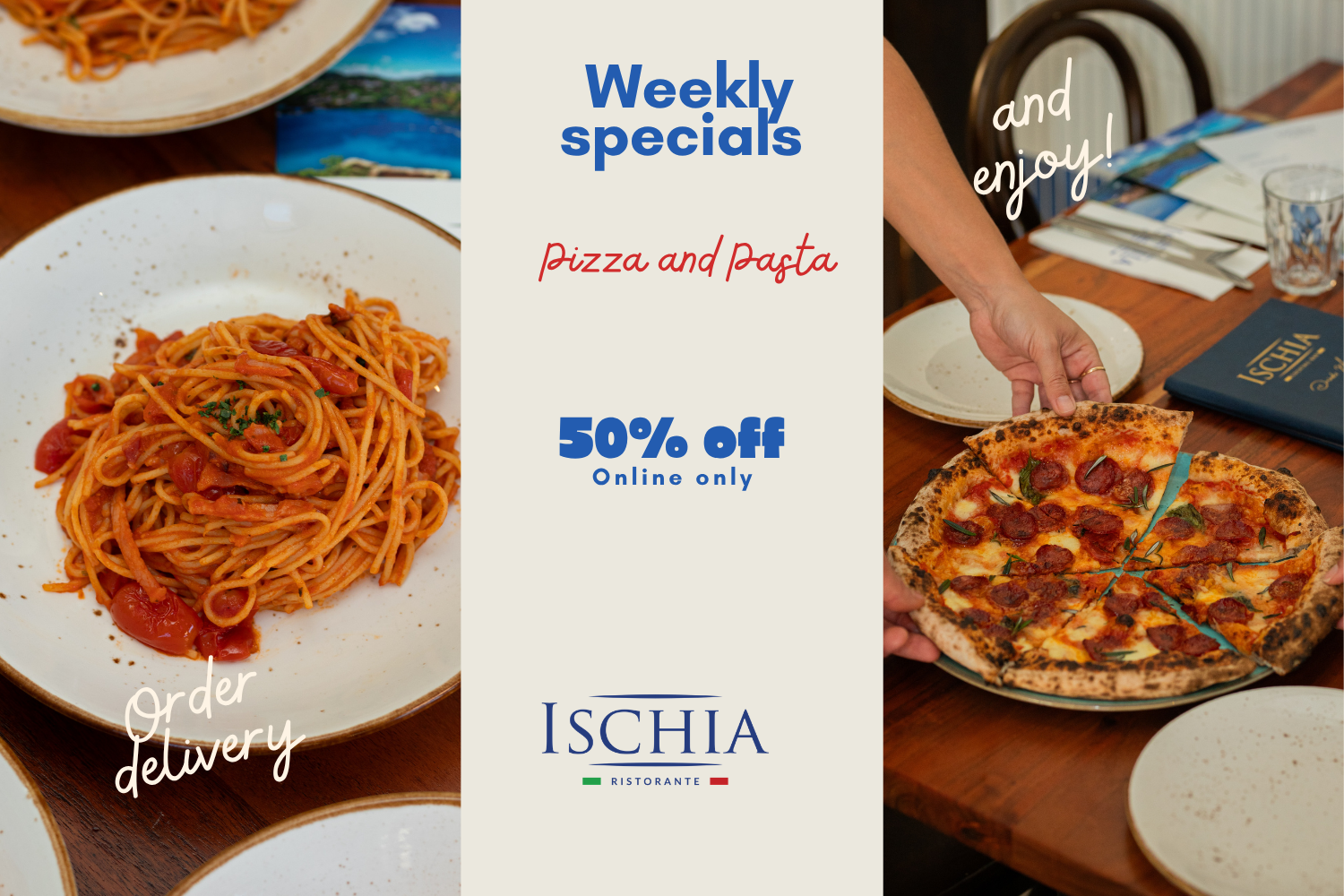 Restaurant flyer advertising weekly specials on pizza and pasta, offering 50% off online only, with images of spaghetti with tomato sauce and a person holding a pepperoni pizza.