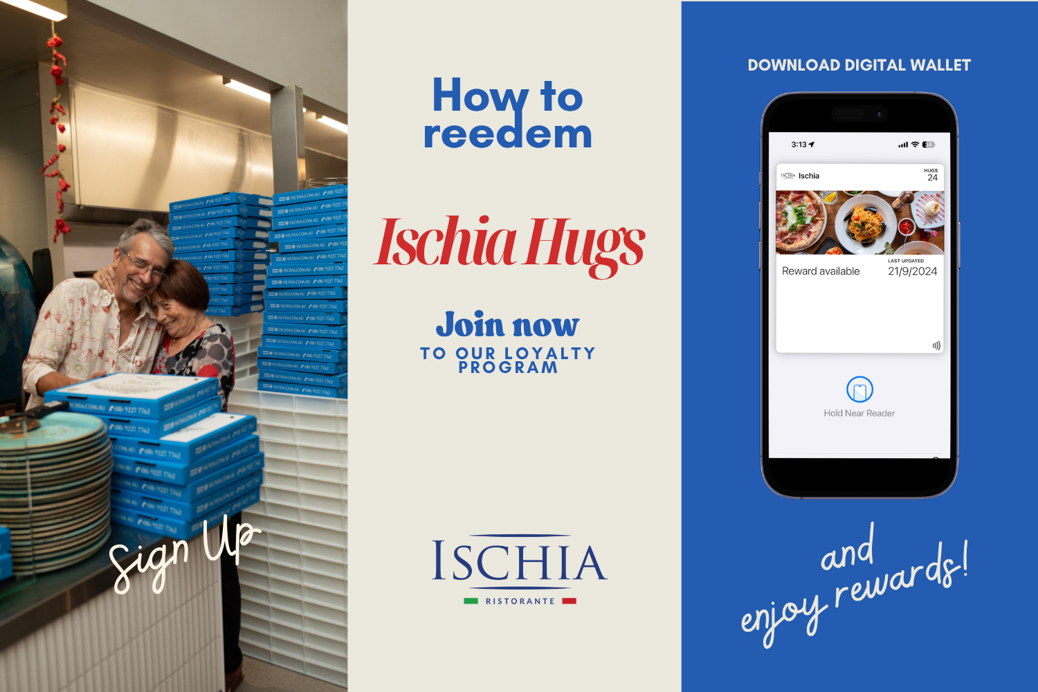 A promotional graphic for Ischia Hugs loyalty program showing two smiling people at a restaurant, a smartphone displaying the loyalty app, and text encouraging sign-up and rewards.