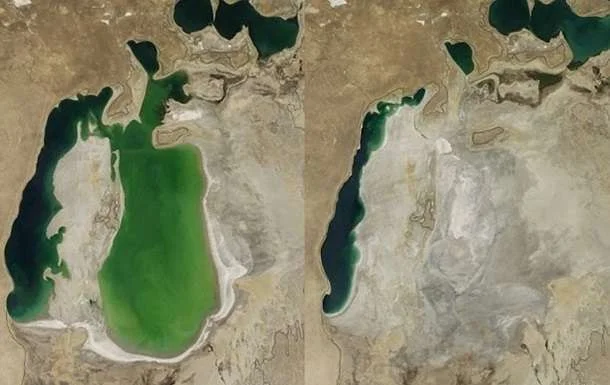 Before and after of the Aral Sea, 2000 and 2009. (Image Source: NASA)