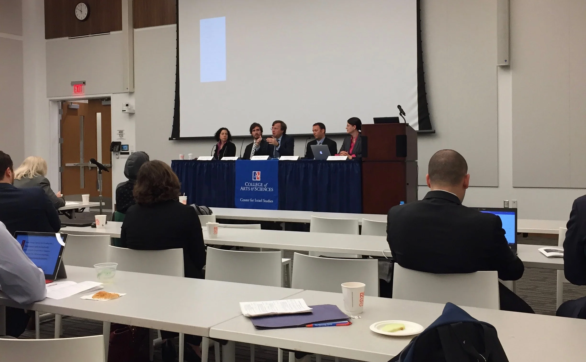 Left to right: professor Jennifer Daskal, Benjamin Dean, Michael Nelson, Eldar Haber, and Dr. Laura DeNardis.