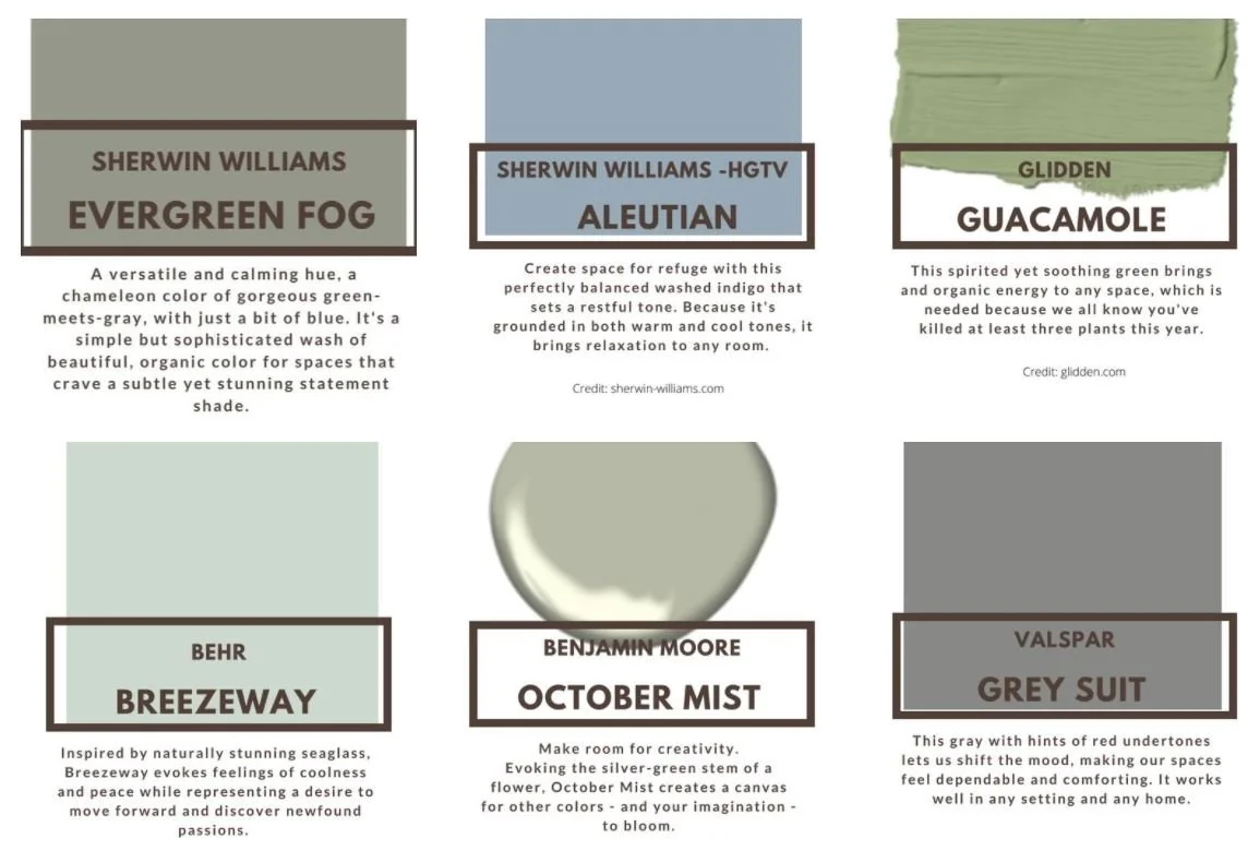 Six color swatches including Sherwin Williams Evergreen Fog Grey, Sherwin Williams Aleutian Blue, Glidden Guacamole Green, Behr Breezeway Seaglass Green, Benjamin Moore October Mist Silver Green, and Valspar Grey Suite.