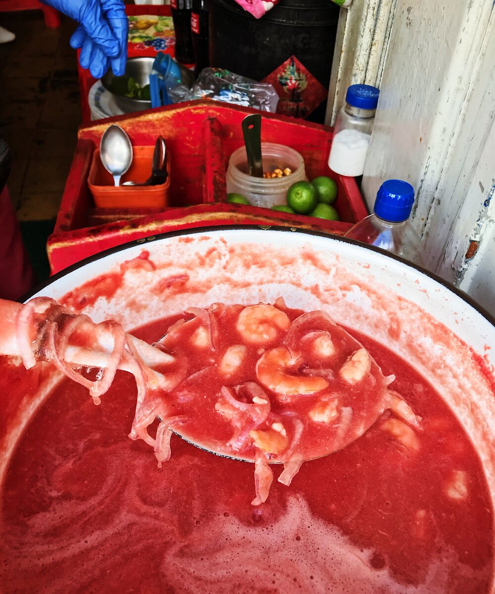  ceviche, different types, street food out of buckets 