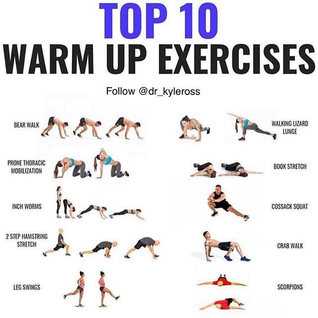 🔥Top 10 Warm Up Exercises🔥
.
Follow @dr_kyleross for more fitness/nutrition info 🍉
.
Comment which ones YOU do😊 . Before your workout it&rsquo;s always a good idea to warm up. Some light cardio to get the blood flowing, some foam rolling and some