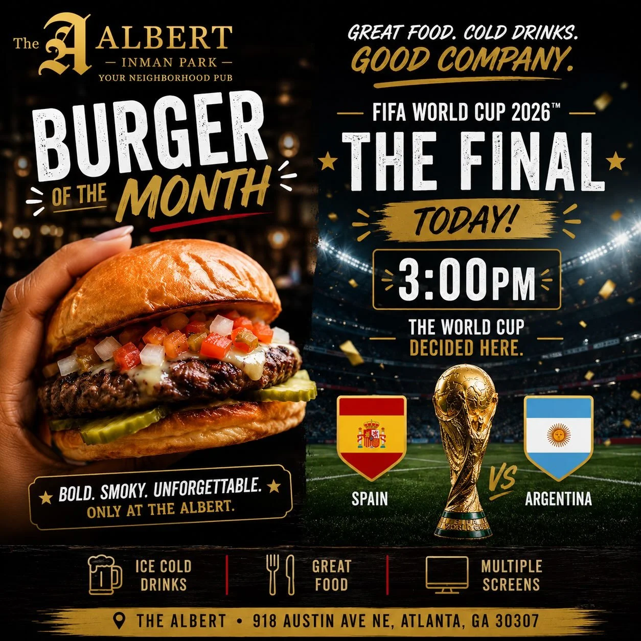 🏆 Championship Sunday is here.

One match. One champion. ⚽

Catch the FIFA World Cup Final with us at 3 PM as Spain 🇪🇸 takes on Argentina 🇦🇷 for the trophy.

While you&rsquo;re here, don&rsquo;t miss our July Burger of the Month&mdash;the perfec