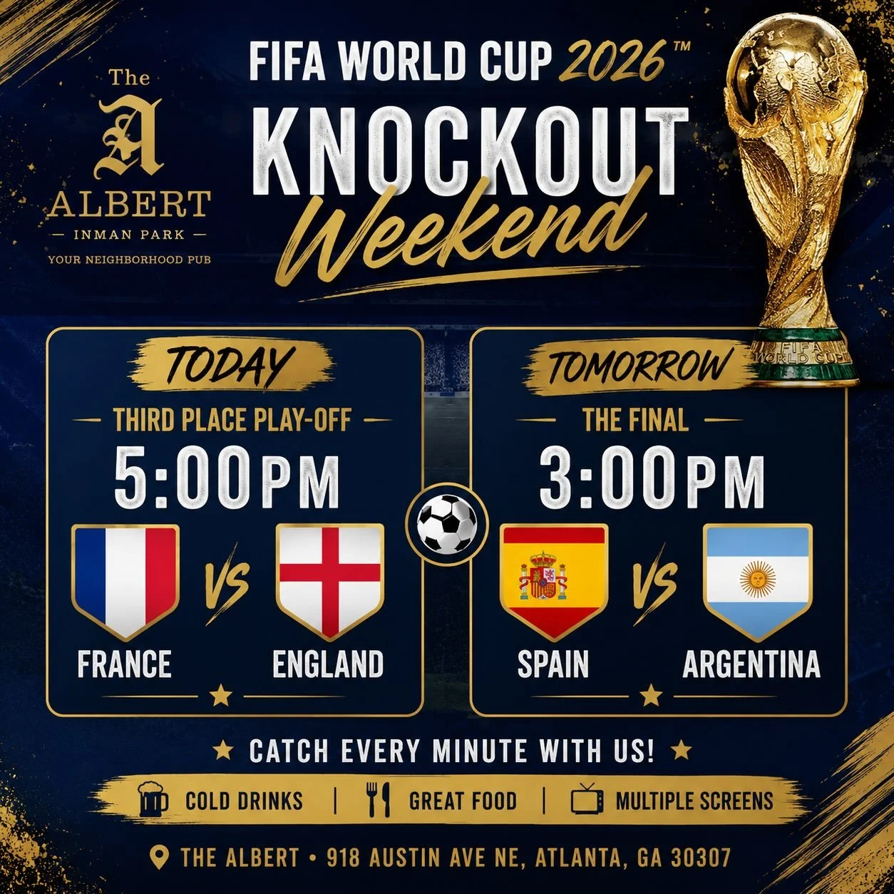 ⚽🏆 The Final is set!

One last weekend. Two big matches.

Today (5 PM): 🥉 Third Place Match
🇫🇷 France vs. 🏴 England

Tomorrow (3 PM): 🏆 FIFA World Cup Final
🇪🇸 Spain vs. 🇦🇷 Argentina

Grab your favorite seat, a cold drink, and something fro