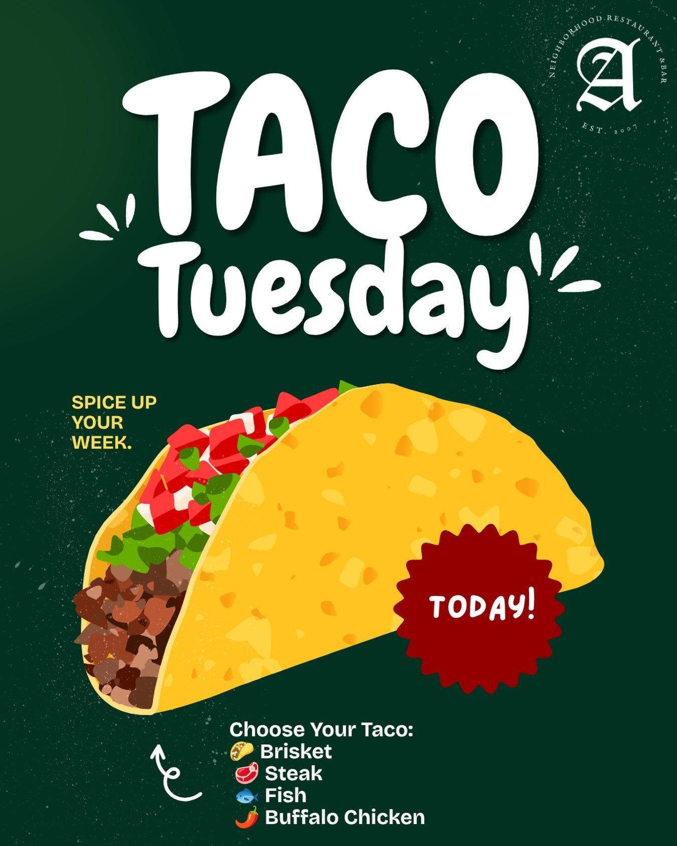 🌮 Taco Tuesday is calling!

Whether you&rsquo;re craving brisket, steak, fish, or buffalo chicken, we&rsquo;ve got your Tuesday covered.

Grab a taco (or three 🍻), a cold drink, and settle in for a great night at your neighborhood pub.

#TacoTuesda