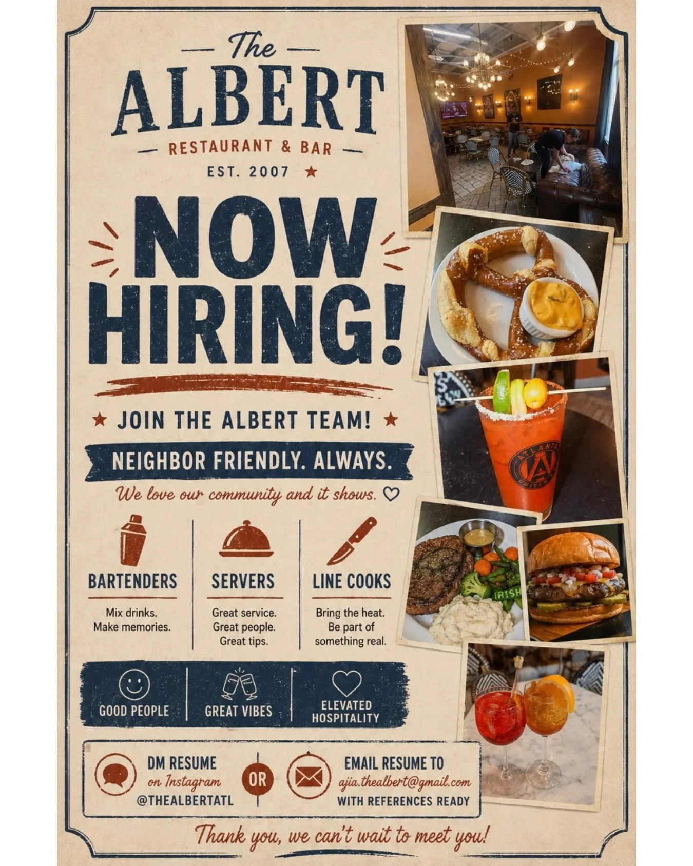 🚨 WE&rsquo;RE HIRING! 🚨

The Albert is looking for a few good people to join our neighborhood crew! 🍻💙

We&rsquo;re currently hiring:
🍸 Bartenders
🍽️ Servers
👨🏽&zwj;🍳 Line Cooks

If you&rsquo;re friendly, dependable, energetic, and know how 