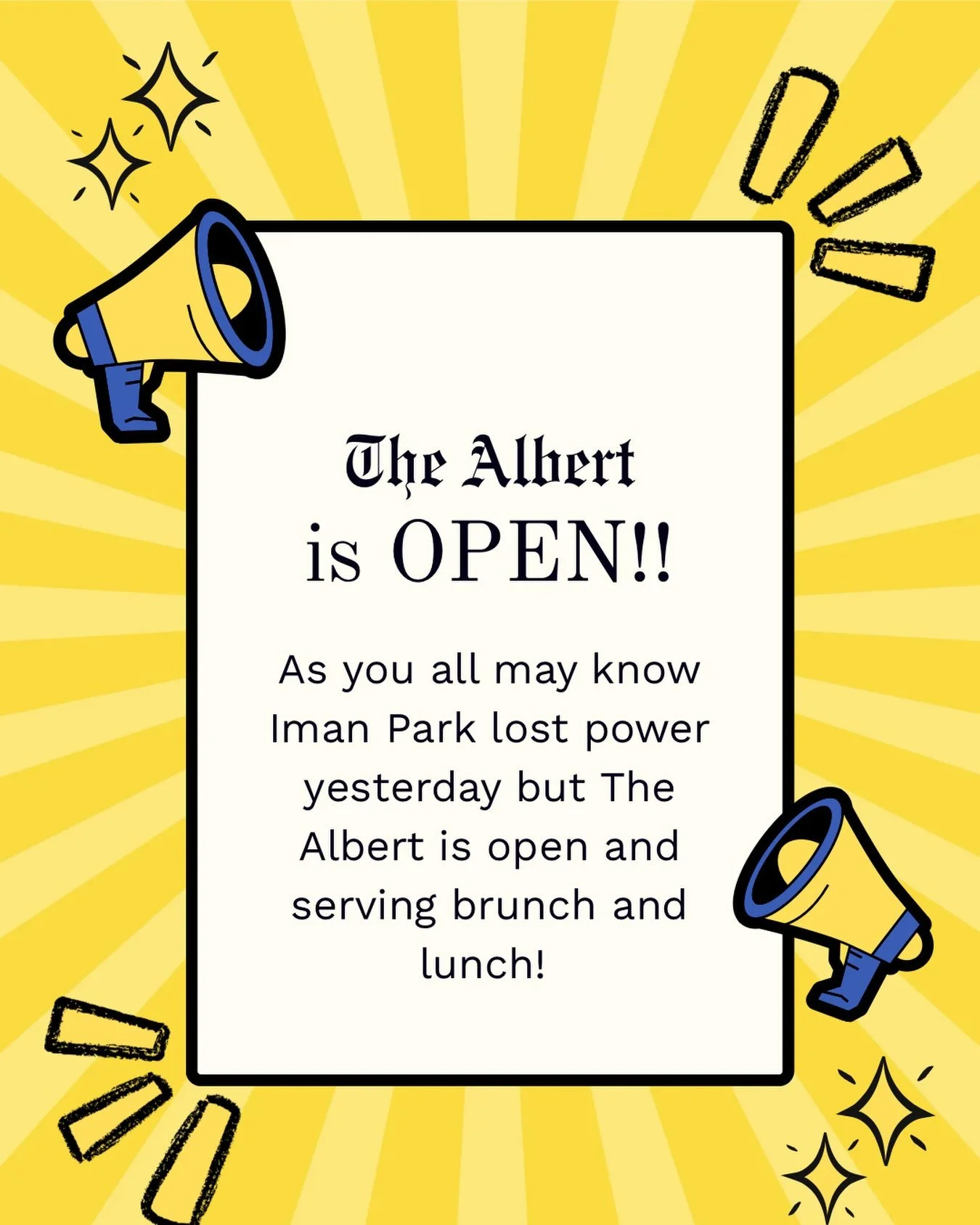 Power is BACK in Inman Park &amp; we&rsquo;re OPEN! ⚡️🙌🏽

Come see us at The Albert today for brunch, lunch, drinks &amp; good vibes. 🍳🍔🥂

We&rsquo;re ready for you &mdash; come grab a table! 💛

#TheAlbert #InmanPark #AtlantaEats #ATLBrunch #In
