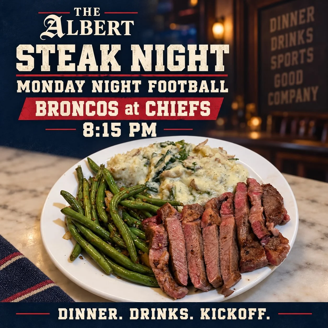 Mondays are better with steak and football 🥩🏈

Join us tonight for Steak Night, then stick around for Broncos at Chiefs at 8:15 PM!

Dinner. Drinks. Kickoff. Who are you rooting for?

#TheAlbertATL #SteakNight #MondayNightFootball #InmanPark #Atlan