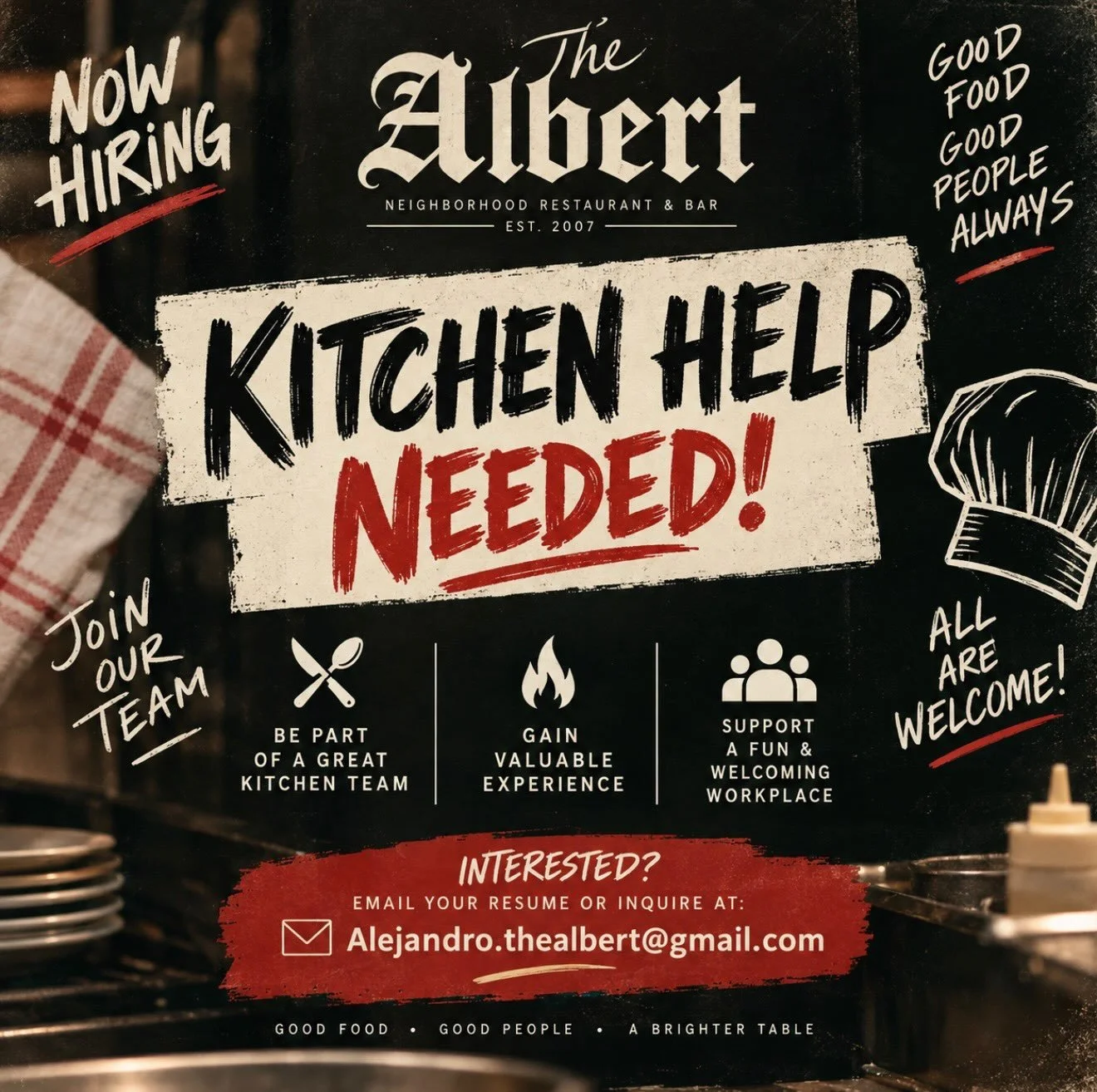 We&rsquo;re hiring! 👨🏽&zwj;🍳🔥

The Albert is looking for kitchen help to join our team. If you&rsquo;re dependable, ready to work, and looking to be part of a neighborhood restaurant with a great team, we&rsquo;d love to hear from you!

📩 Send y