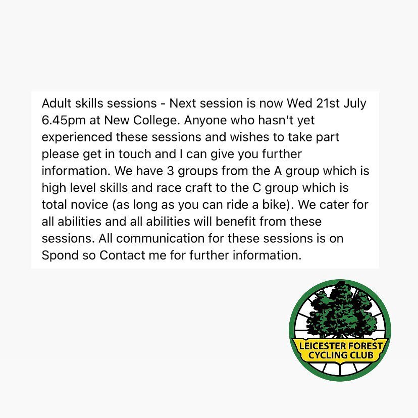 Adult training &amp; skill sessions for all abilities 🚲

📲 Book your place on the Spond app or DM for further details

#leicestercycling #cyclingleicestershire #roadcycling #cycling #LFCC