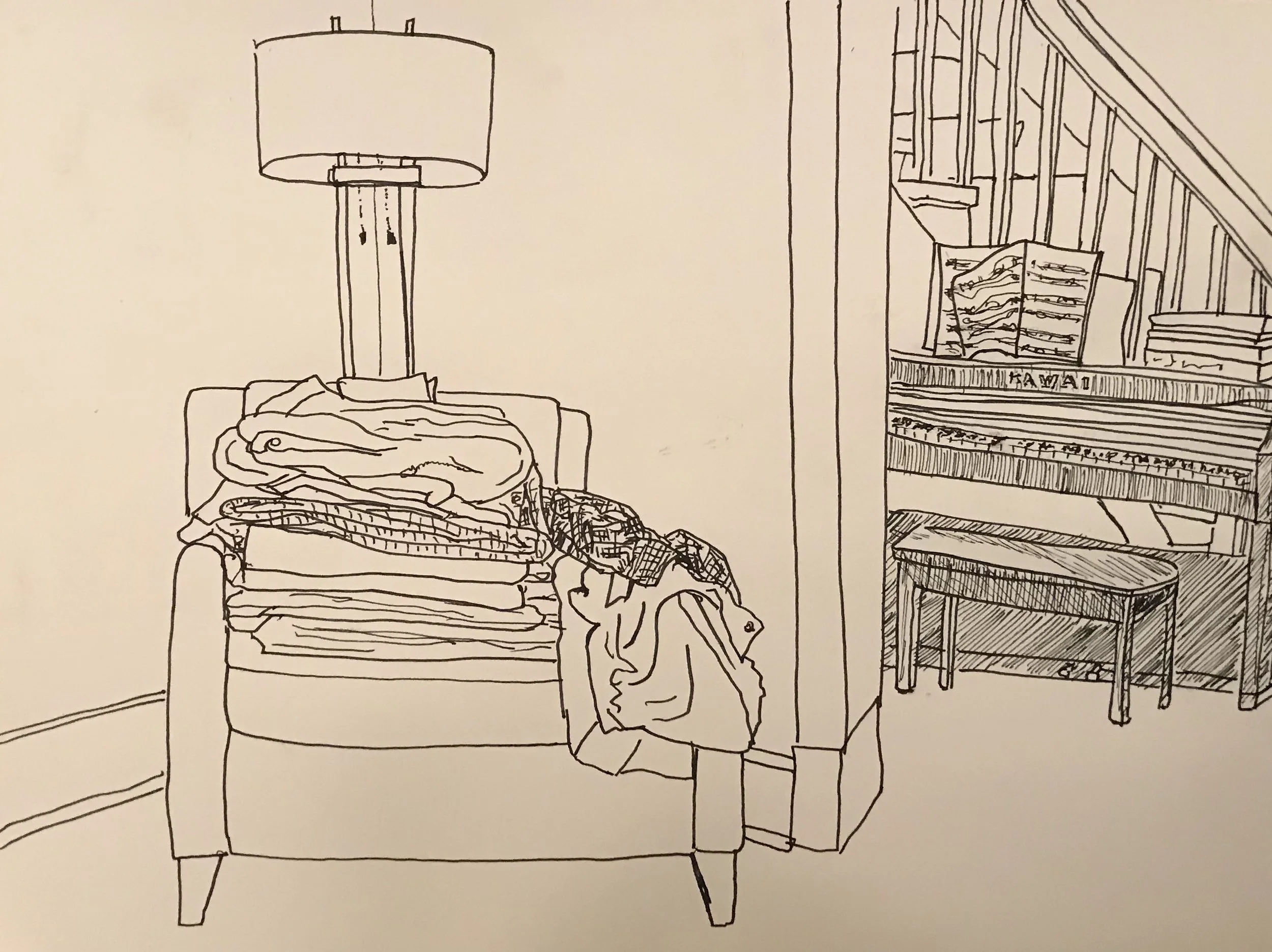 Sorting laundry, pen & ink,9 x 12, SOLD