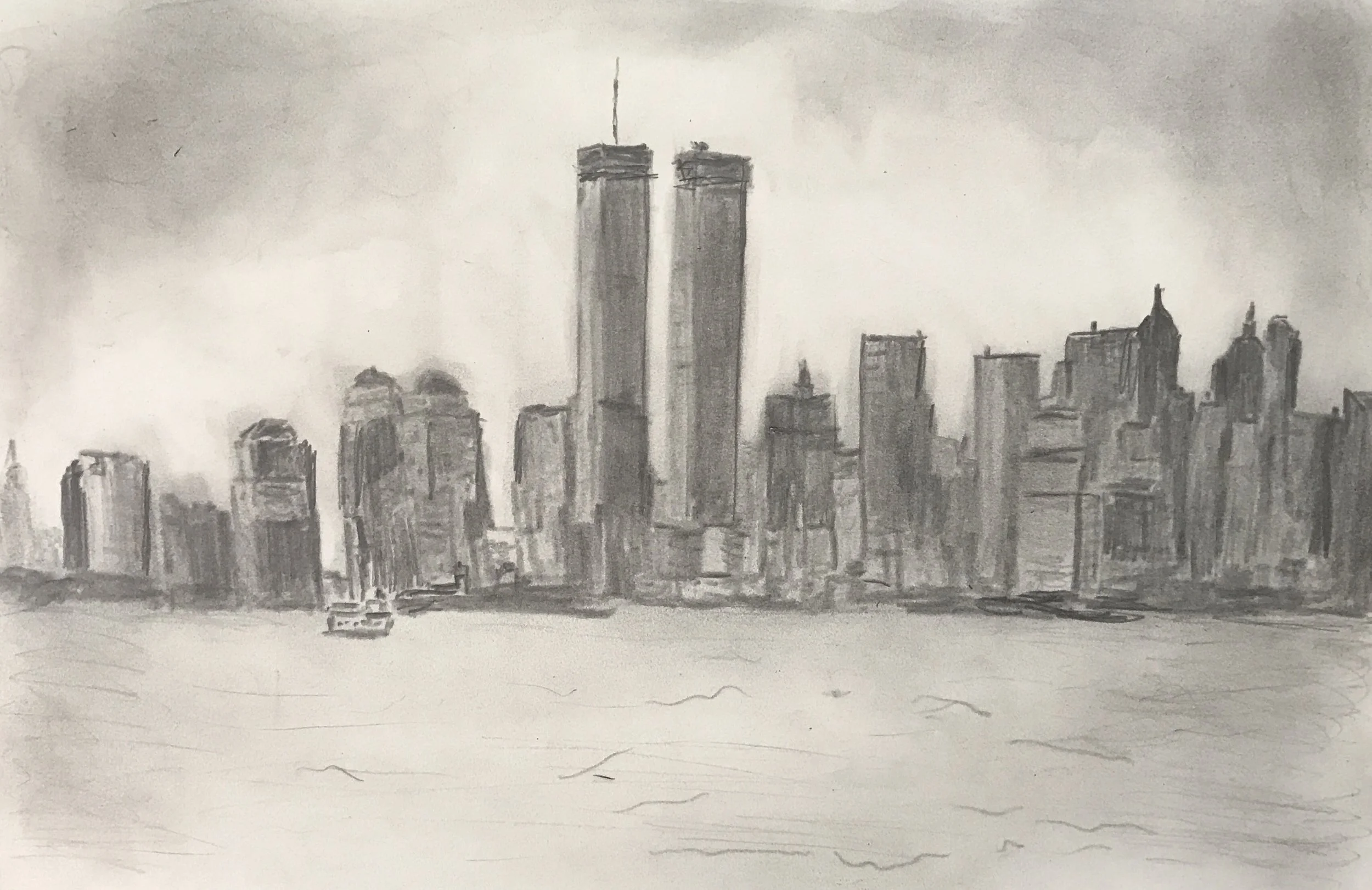 Skyline at dusk, pencil, 12x9, $50