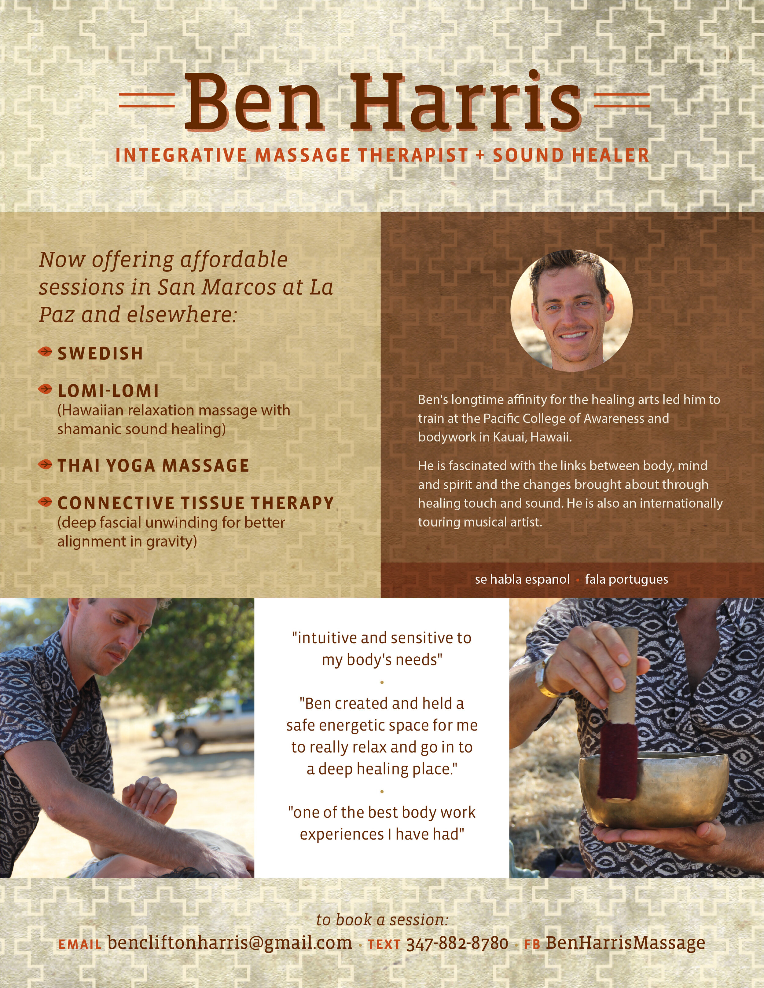 This printed flyer was designed to advertise the services of Integrative Massage Therapist + Sound Healer, Ben Harris. 