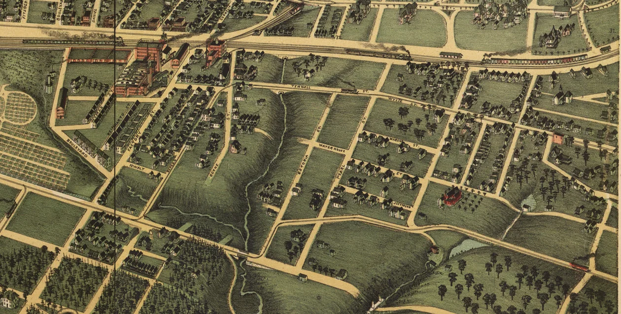 1892 rendering of Atlanta. Reynoldstown is the community on the right, south of the railroad and east of the creek that separates it from Cabbagetown.