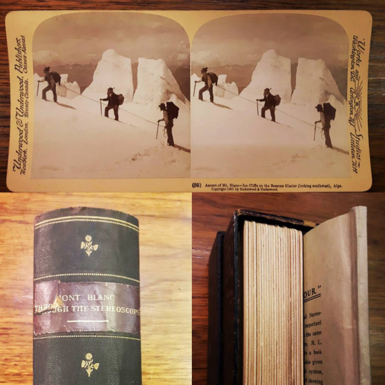 This cheeky book is hiding a secret...it's not just a book! "Mont Blanc Through the Stereoscope" is a box shaped like a book that actually contains a small booklet, describing the travels of M.S. Emery through Switzerland, as well as 23 stereoscopic cards. Stereoscopy is a technique for creating the illusion of depth in an image by placing two offset images separately to the left and right eye of the viewer. They are then combined in the brain when viewed through a stereoscope, to give the perception of depth. This collection was published in 1902 of a trip to Mont Blanc in 1901. The stereogram above is of the ascent of Mont Blanc between the Petit and Grand Plateaus.