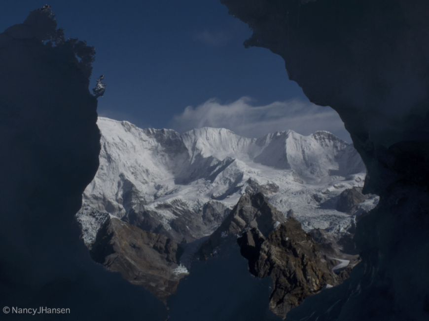 I love magic moments like this, when you get to see unique mountain art in its most natural form. The mountain behind is Cho Oyu (8,188m), with its summit just hidden on the left.