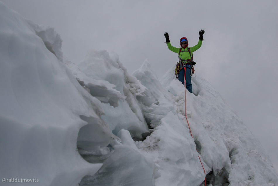 The summit white-out photo. We could be anywhere. Only our laboured breathing let us know that we were on a peak higher than anything in North America. The summit of Cholatse is small and somewhat fragile – like stacked ice cubes. If it were clear, Everest, Nuptse and Lohtse would be over my right shoulder, and Ama Dablam and Makalu would be to my left. Needless to say, we did not stay long.