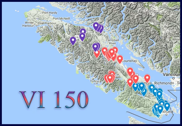 Click on the image to open the VI-150 Challenge map. Clicking on any of the pinned locations on the map shows the summit date, names of those in the party, some optional notes, and at least one summit shot. For those more interested in seeing summit smiles and scenery in high resolution photos, open the VI-150 image collection .