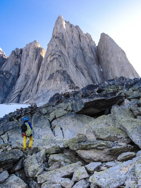 The Beckey-Chouinard Route goes up the buttress to the highest point.
