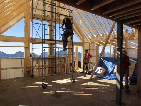 The main living area which will be heated by a high efficiency wood pellet stove. The two bunk rooms (sleep 6 each) are behind the photographer.