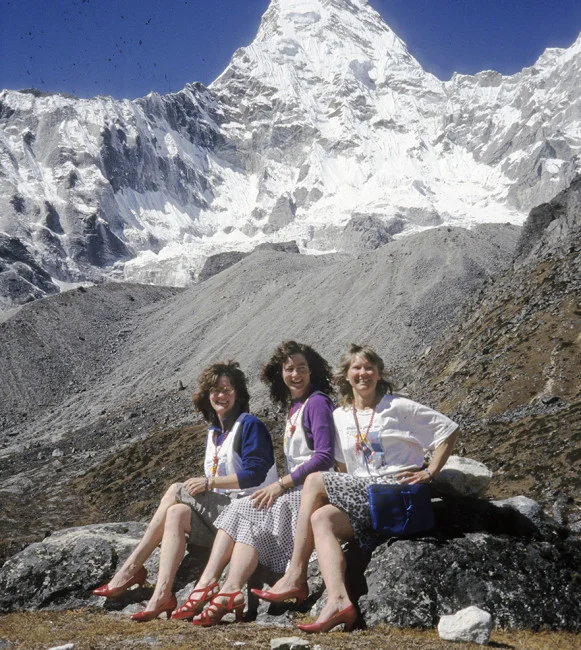 Marg Saul, Karen McNeill, and Helen in expedition wear at Ama Dablam base camp, Nepal, 1996.