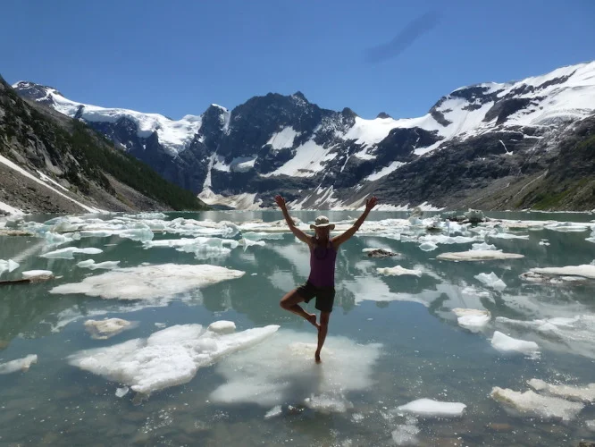 Taoya Schaefer on an ice floe at Lake of the Hanging Glacier, by Ian White, of Invermere.