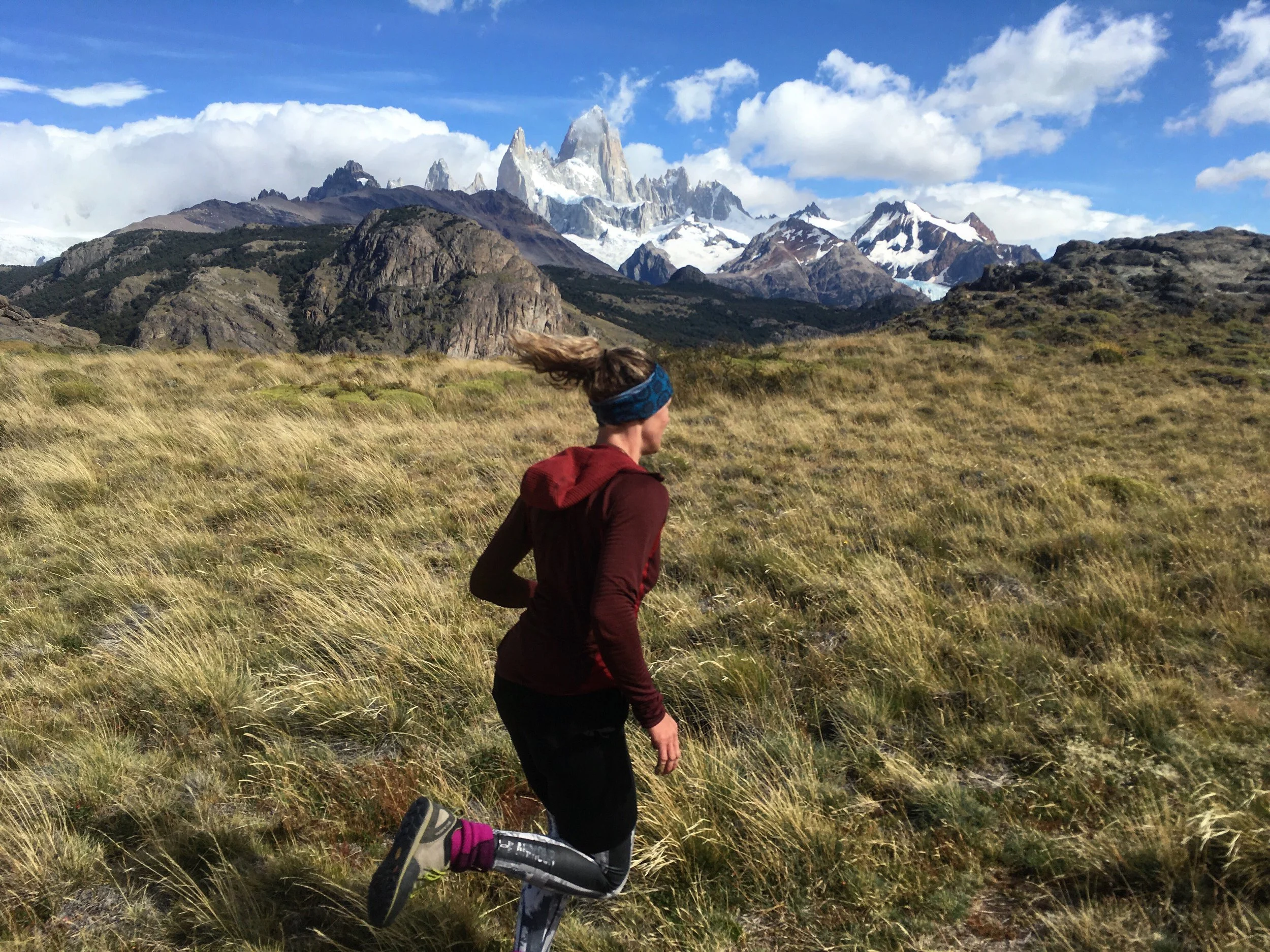 Hannah running outside of town.