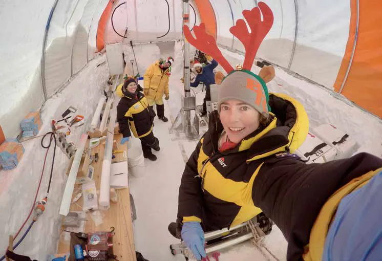 Alison Criscitiello and her Australian and Danish team, drilling to 300m in East Antarctica, Christmas Day, 2017.