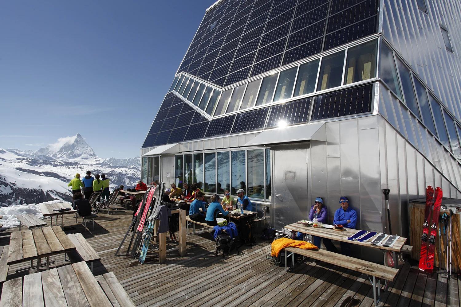 The space-age Monte Rosa Hut (2,883 m) faces off the Matterhorn (4,478 m). Photo by Nancy Hansen