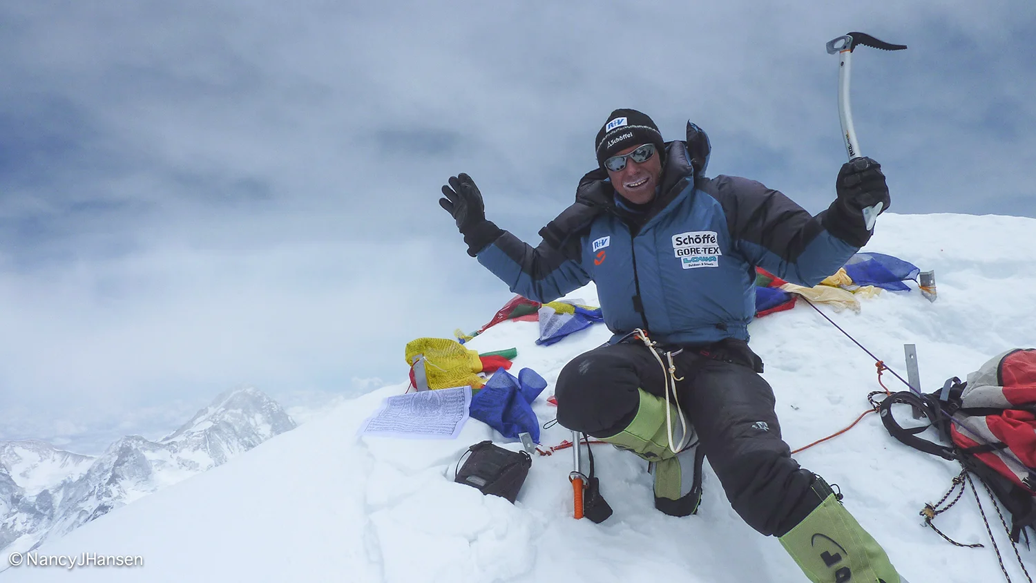 Ralf Dujmovits looking relaxed on his final 8,000 m peak, Lhotse (8,516 m) in 2009. Photo: Ralf Dujmovits collection.