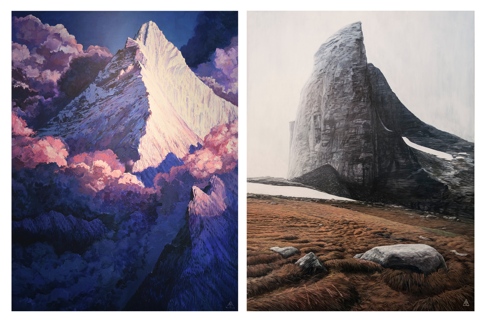 Fisher Peak: Acrylic on wood, 36" x 48" (left) and Mount Gimli: Acrylic on wood, 36" x 48" by Adam J. Temple. Retail: $2,500 (each). Bidding begins at $1,250 (each).