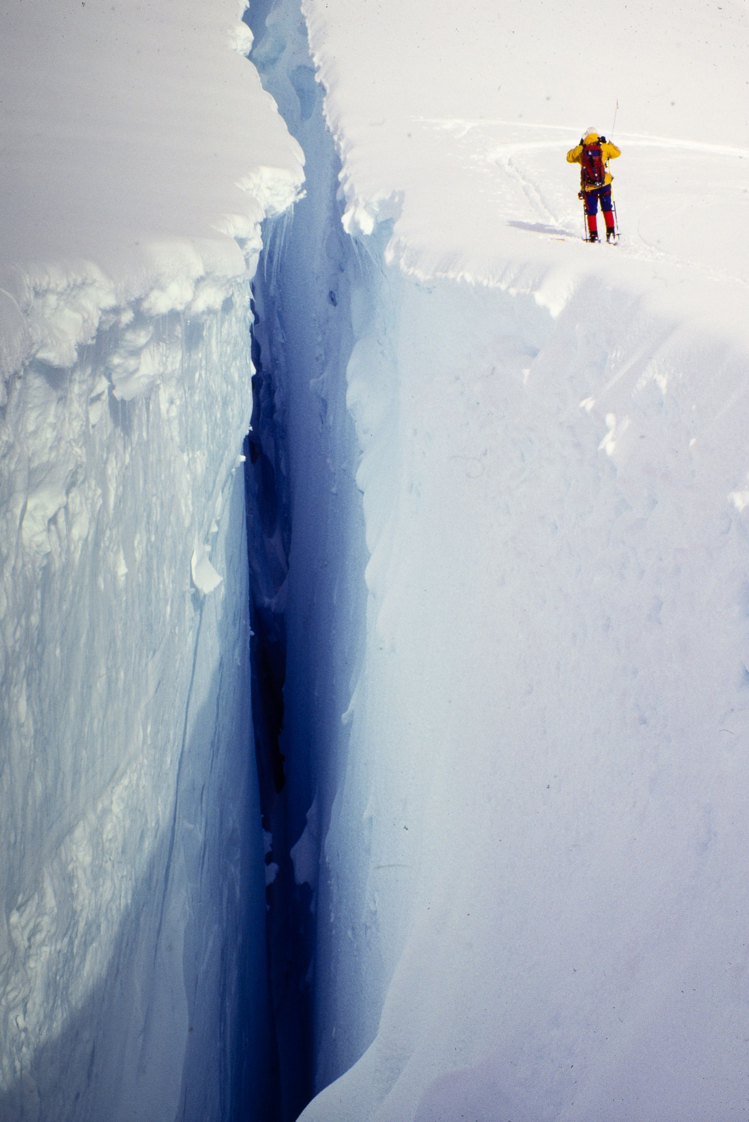  Roger contemplating the wide and deep crevasses! Photo by Bill McKenzie. 