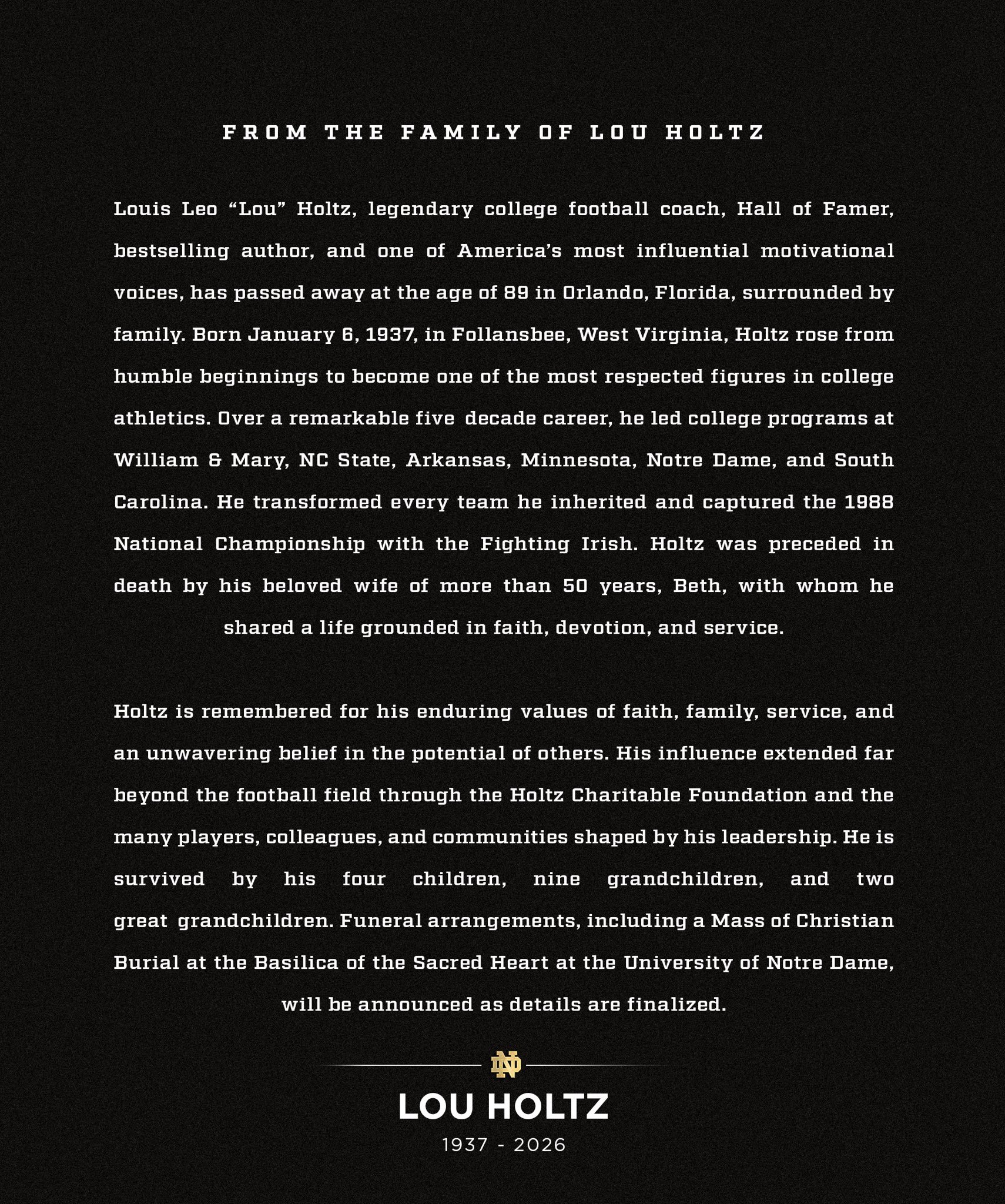 College Football Hall of Fame Coach and IPCF Survivor LOU HOLTZ passes away at age 89