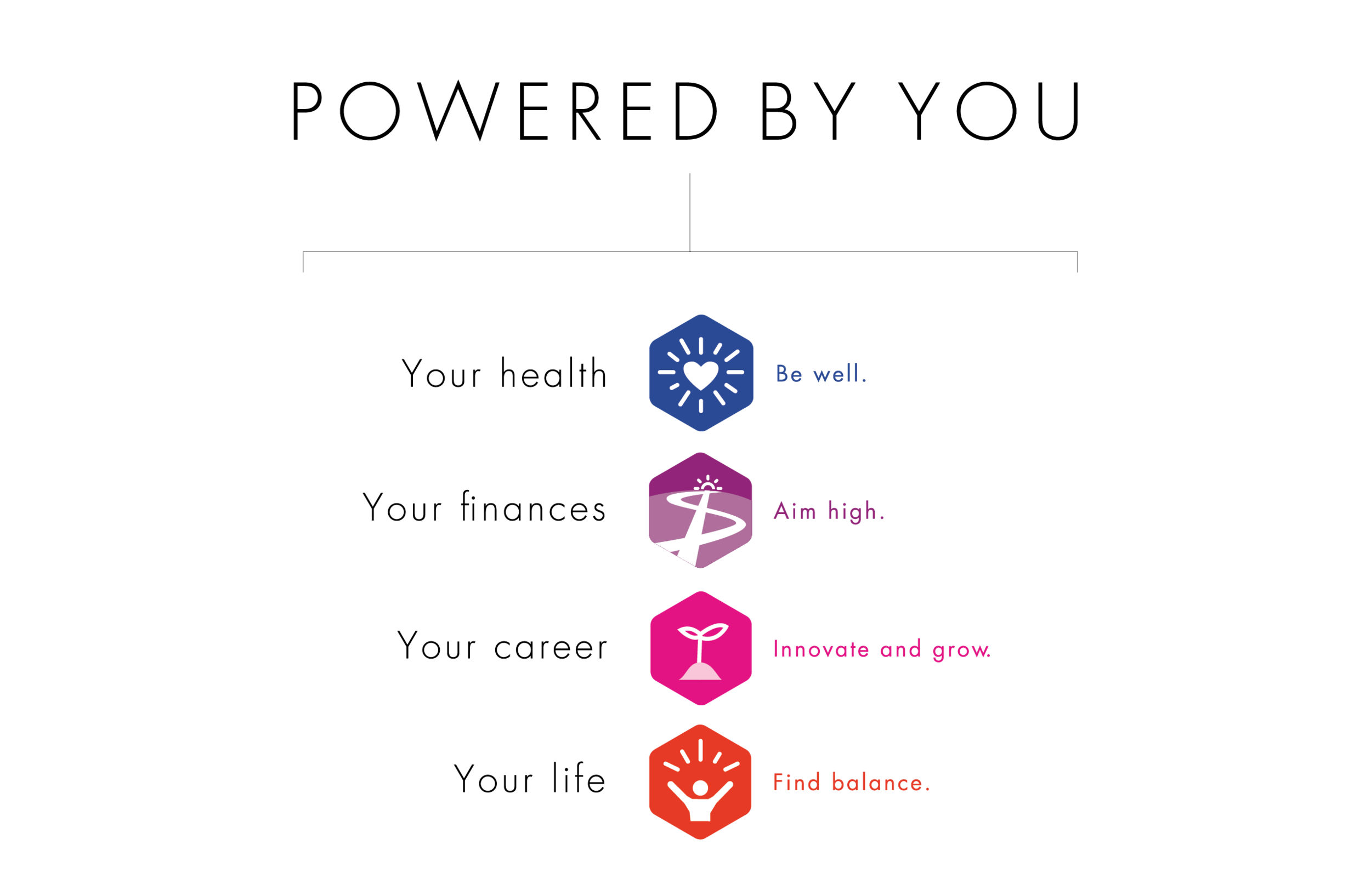  We created “buckets” to visually organize the benefits offered and iconography that stood out. Each color, icon and language would be carried through future communications, depending on topic.  “POWERED BY YOU” connected the company’s growth back to