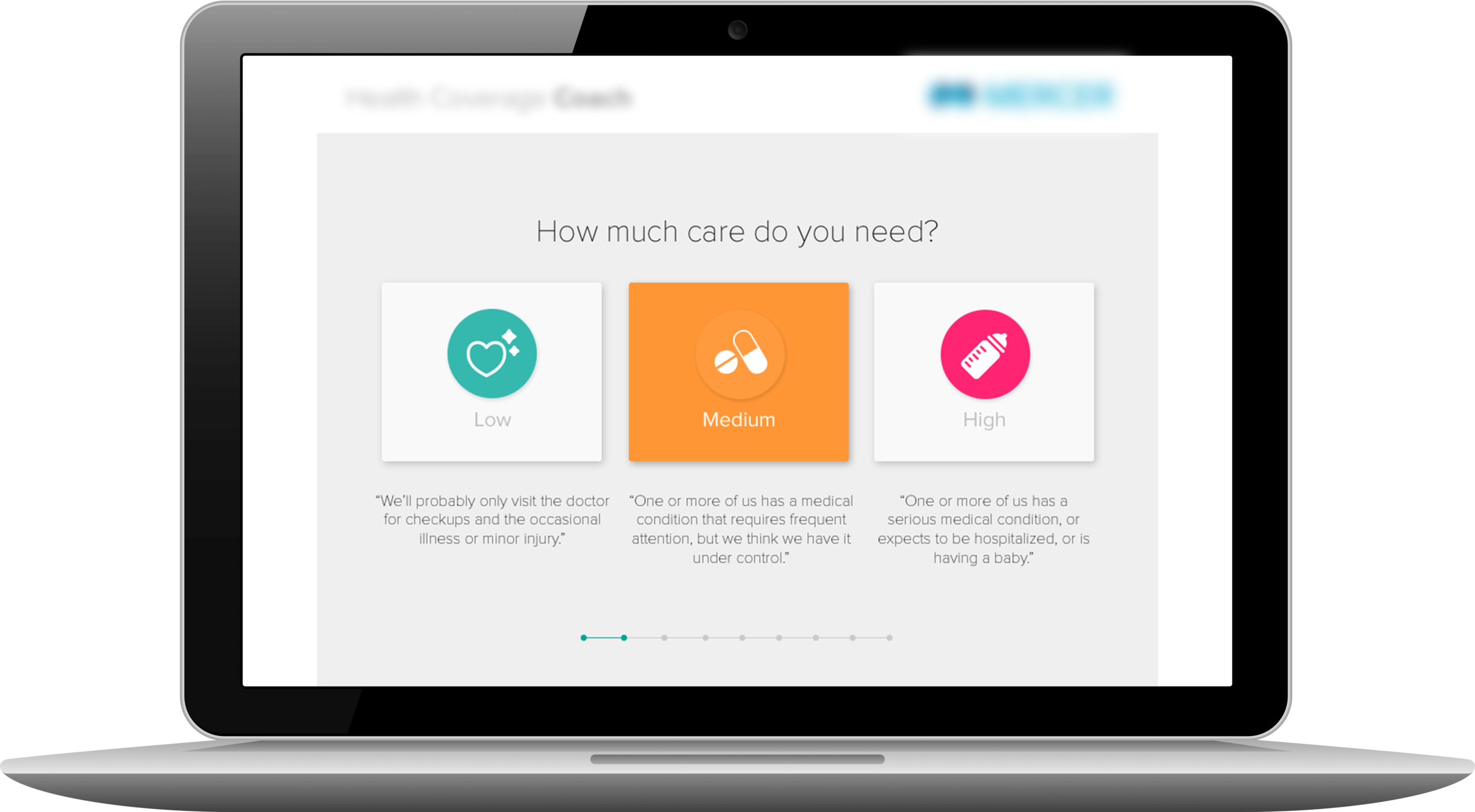    Colorful iconography helped to simplify decision making. Each option featured an annotative quotation beneath it to add context for users. 