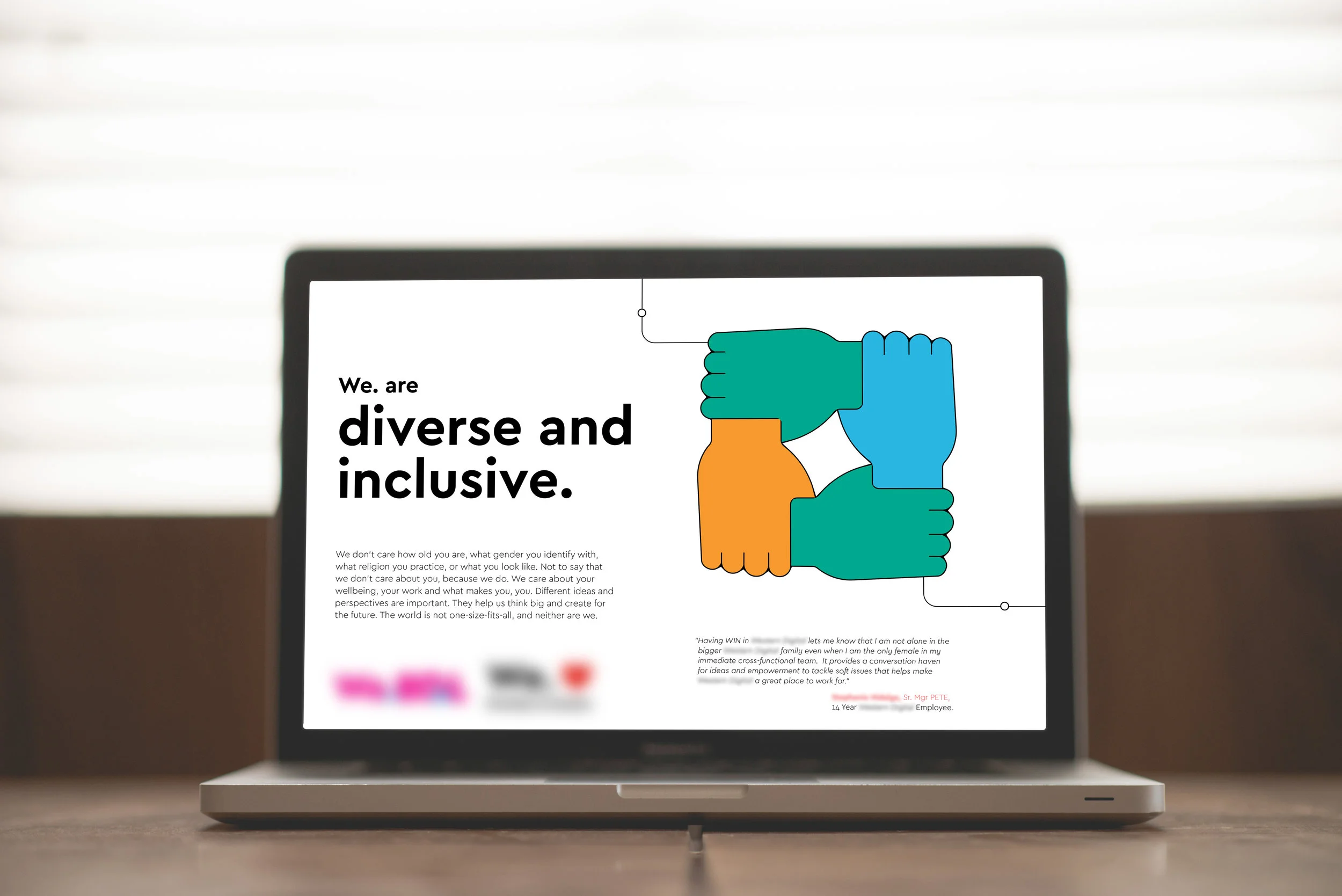    Clean illustation using thin lines and internal branding colors were paired with high-quality employee photos. 