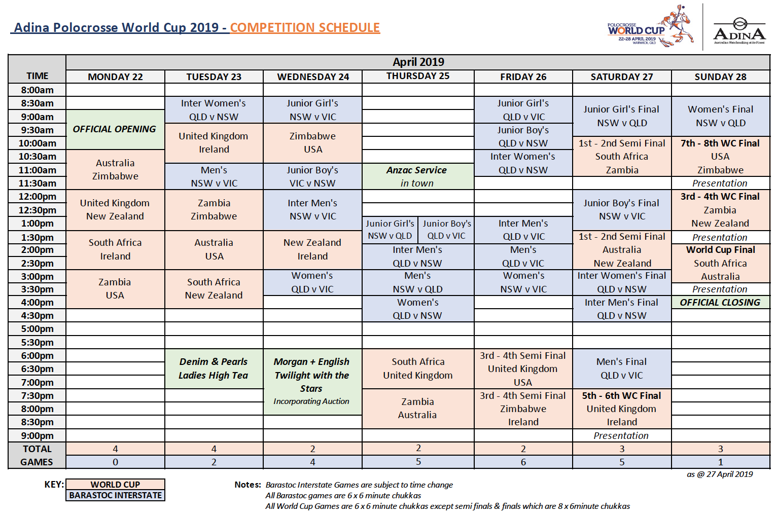 NB: No changes have been made to the World Cup schedule since the previous version (10/1/19). Barastoc Interstate games have been added to this version.